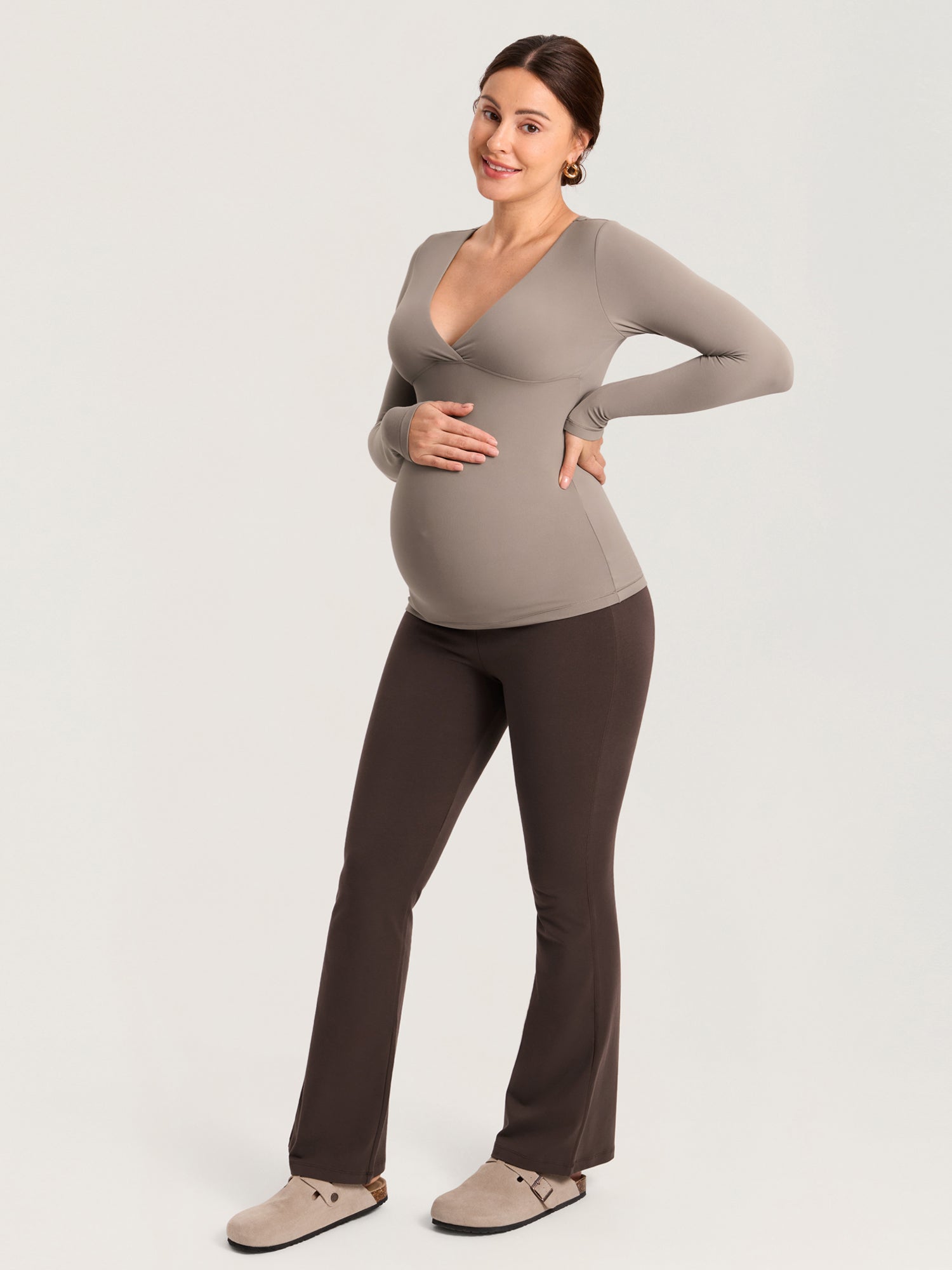 AirSoft Crossover Maternity & Nursing Top - Long Sleeves Khaki Taupe