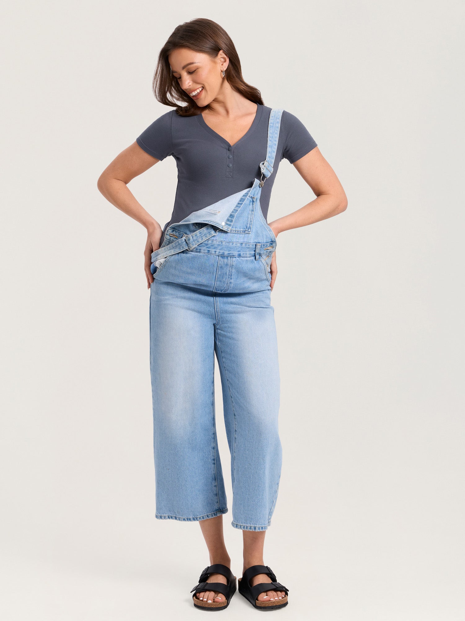 Cotton Rib Henley Maternity Short Sleeve Shirts Ash Navy