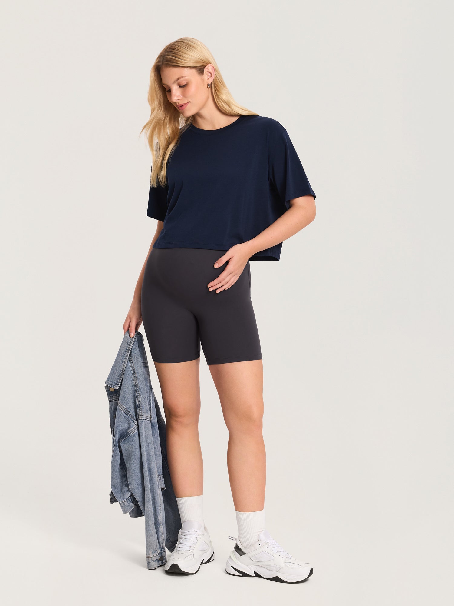 Modal Cotton Short Sleeve Loose Crop Tee Deep Ocean Blue