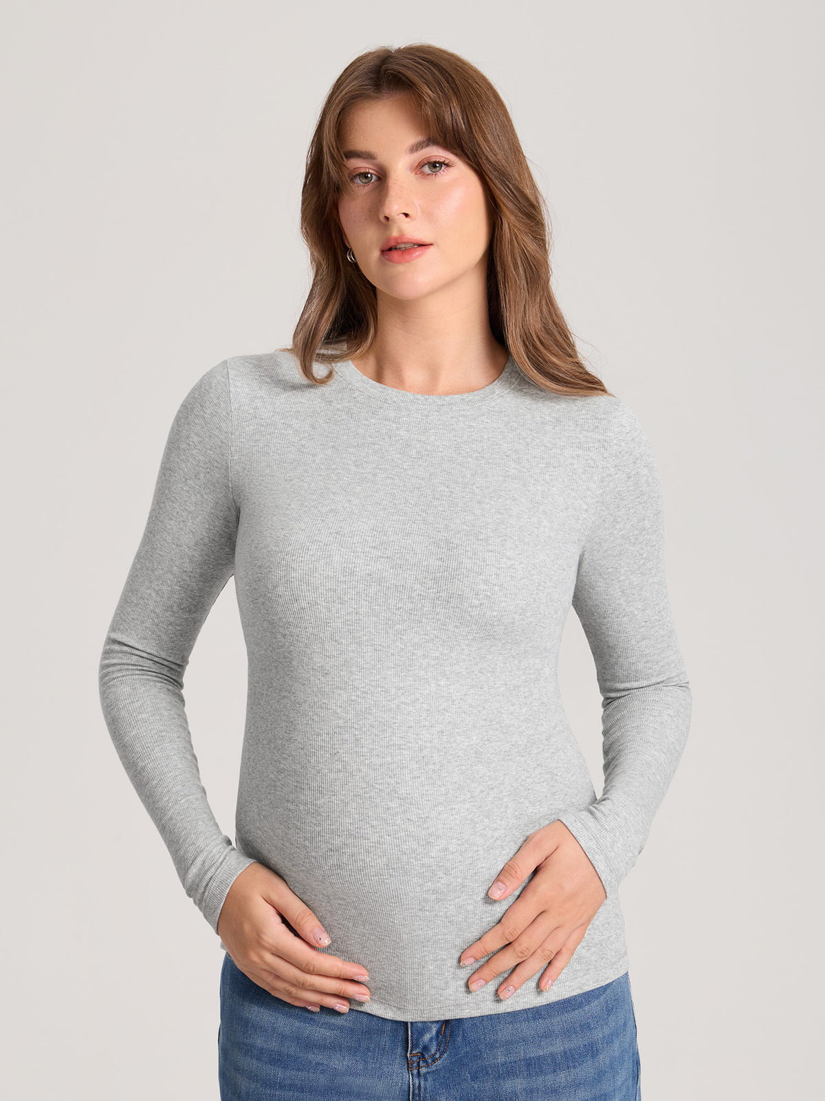 Cotton Rib Crew Neck Maternity Top Classic Heather