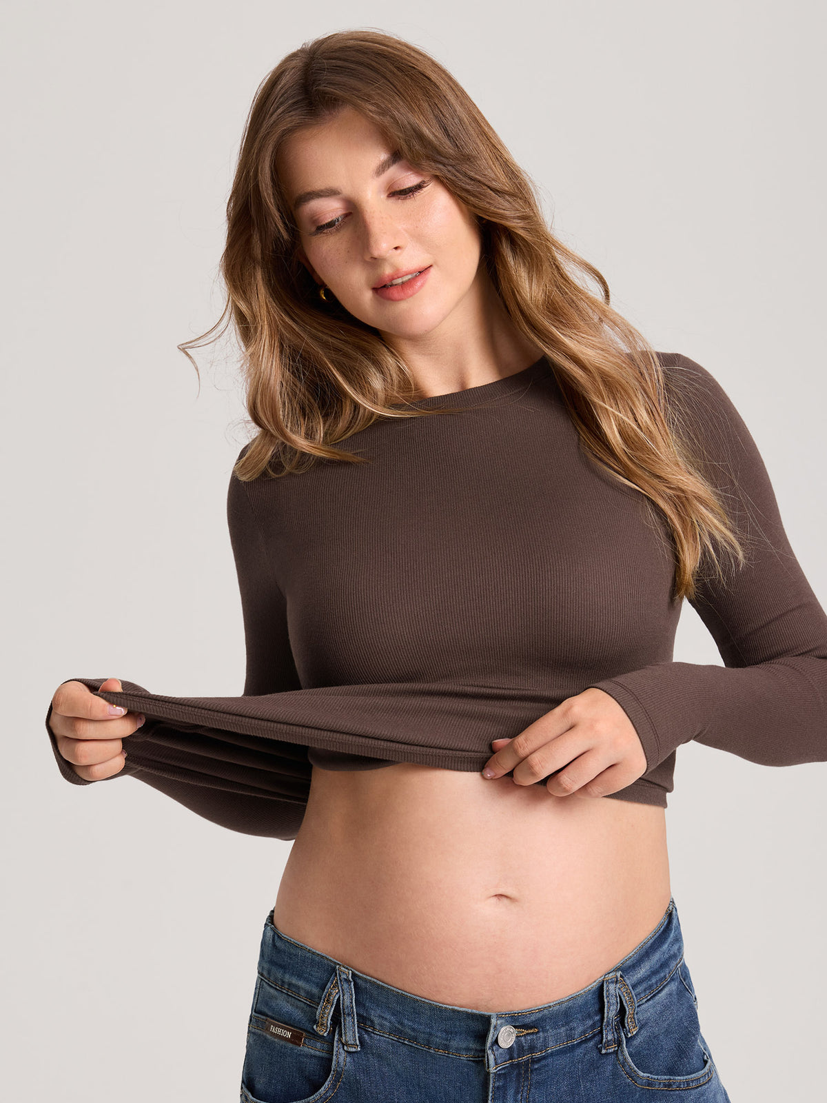 Cotton Rib Crew Neck Maternity Top Clay Brown