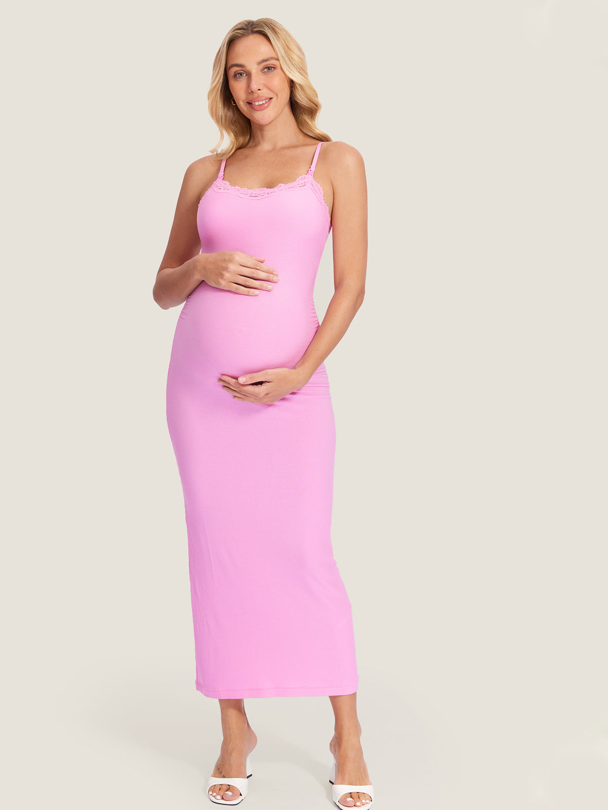 Lacy Ribbed Maternity & Nursing Dress Candy Pink