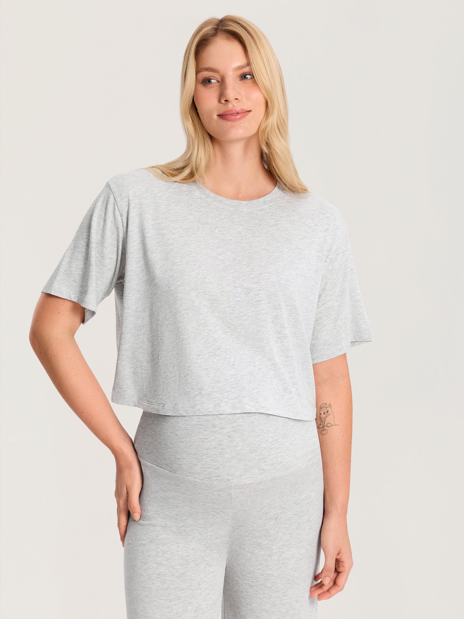 Modal Cotton Short Sleeve Loose Crop Tee Mica Heather