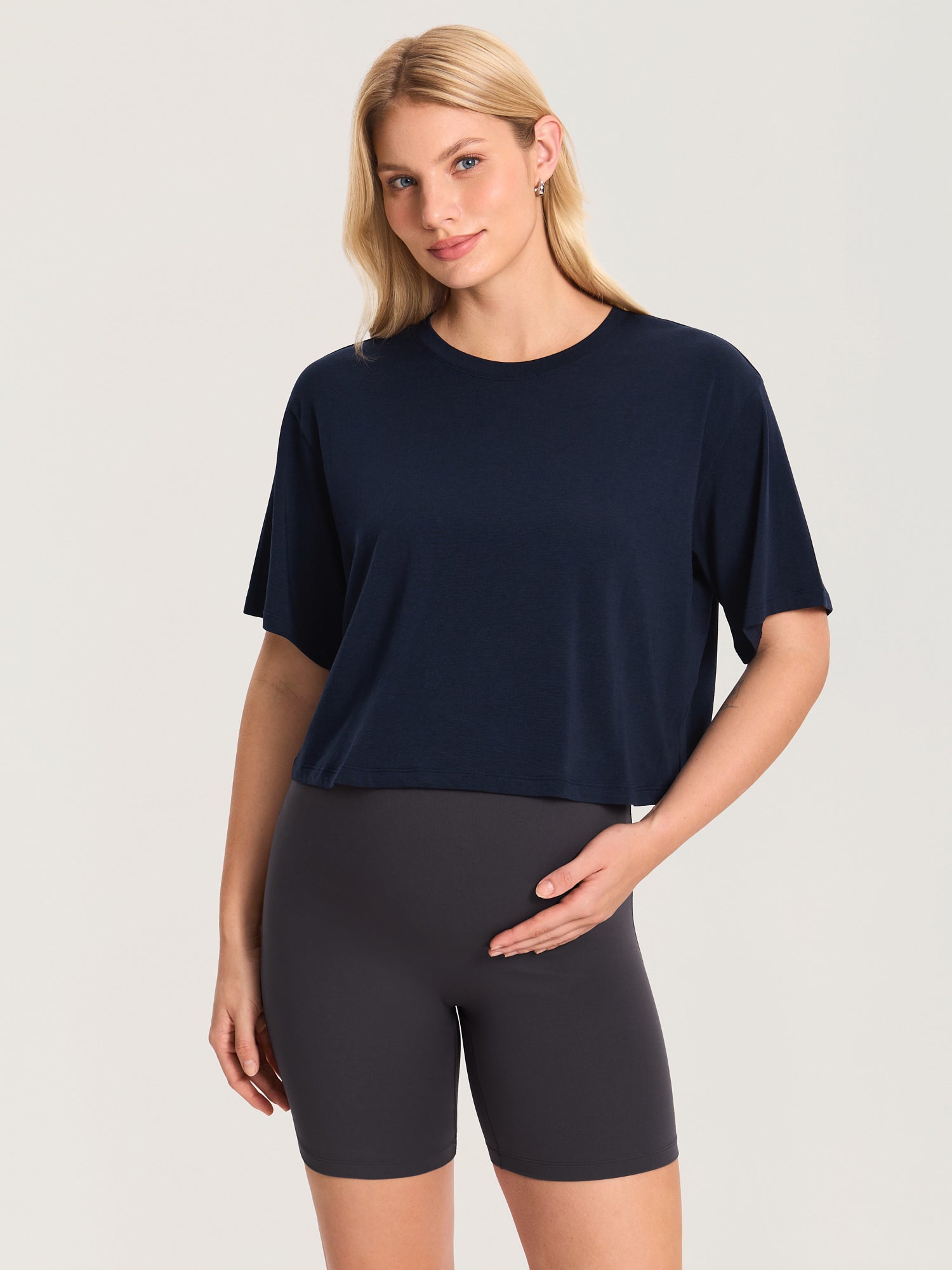 Modal Cotton Short Sleeve Loose Crop Tee Deep Ocean Blue