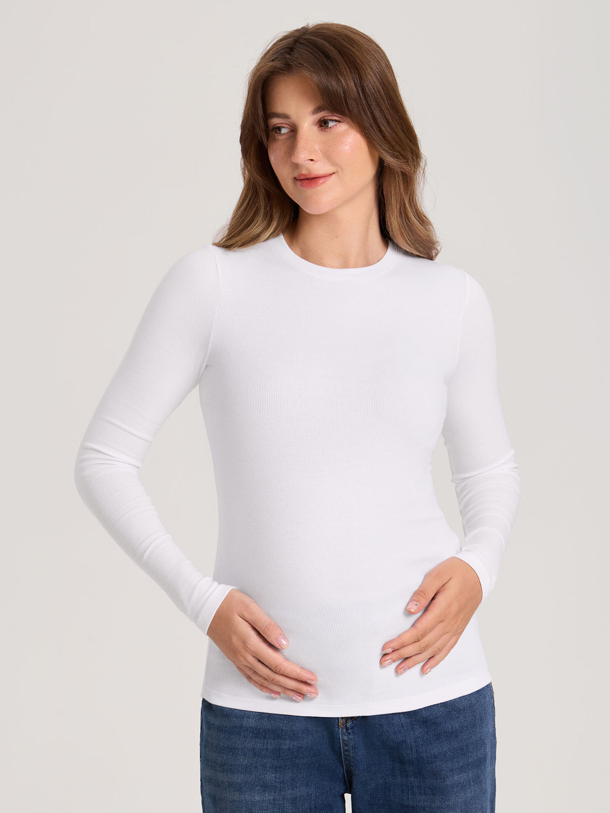Cotton Rib Crew Neck Maternity Top White