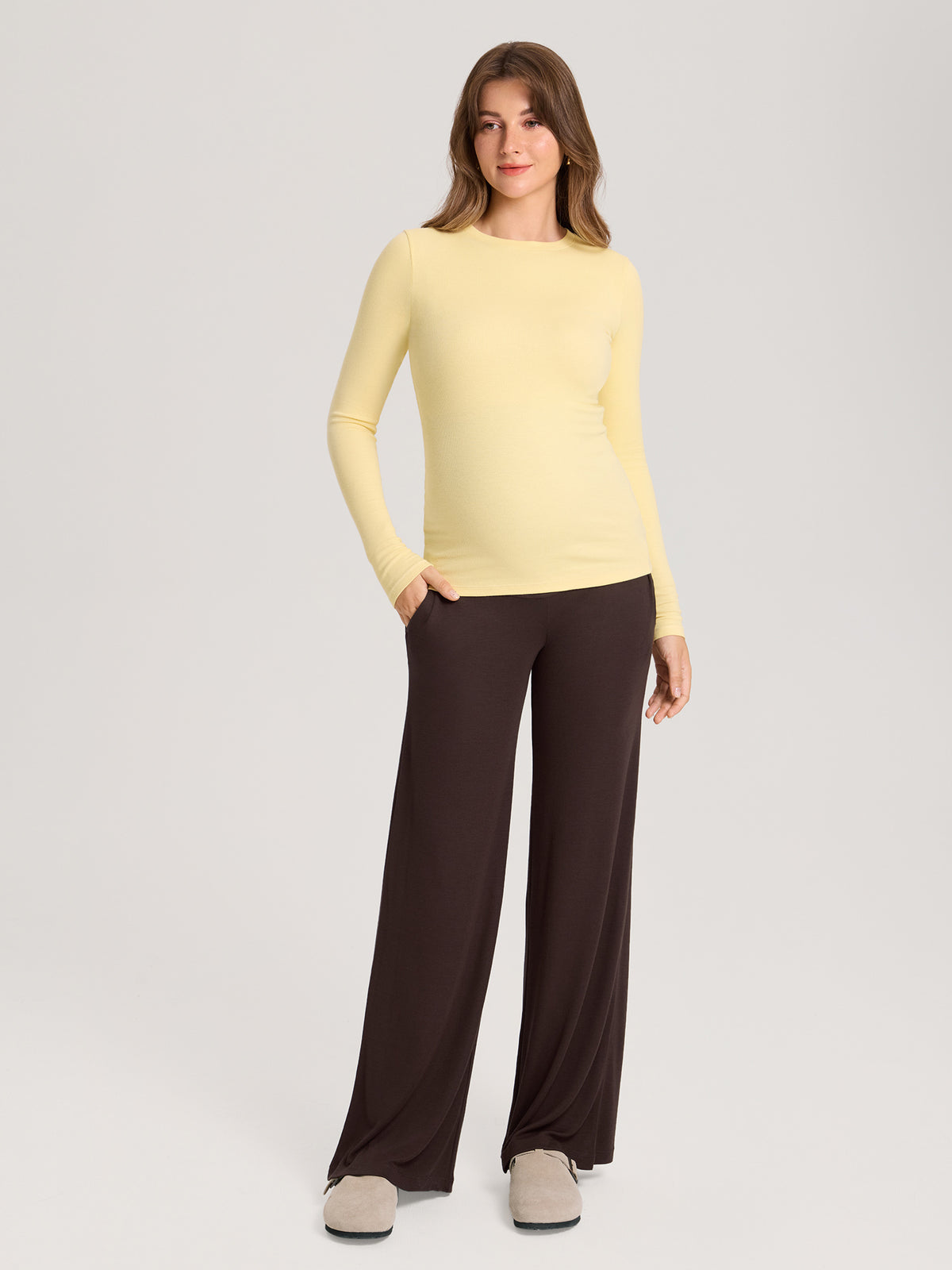 Cotton Rib Crew Neck Maternity Top Pale Yellow