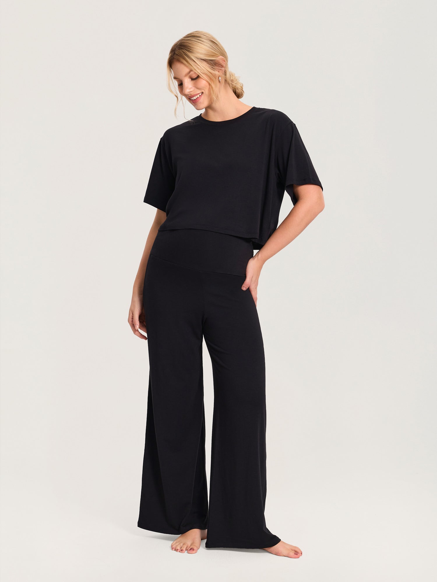 Modal Cotton Foldover Wide-Leg Pants 28.5" Black