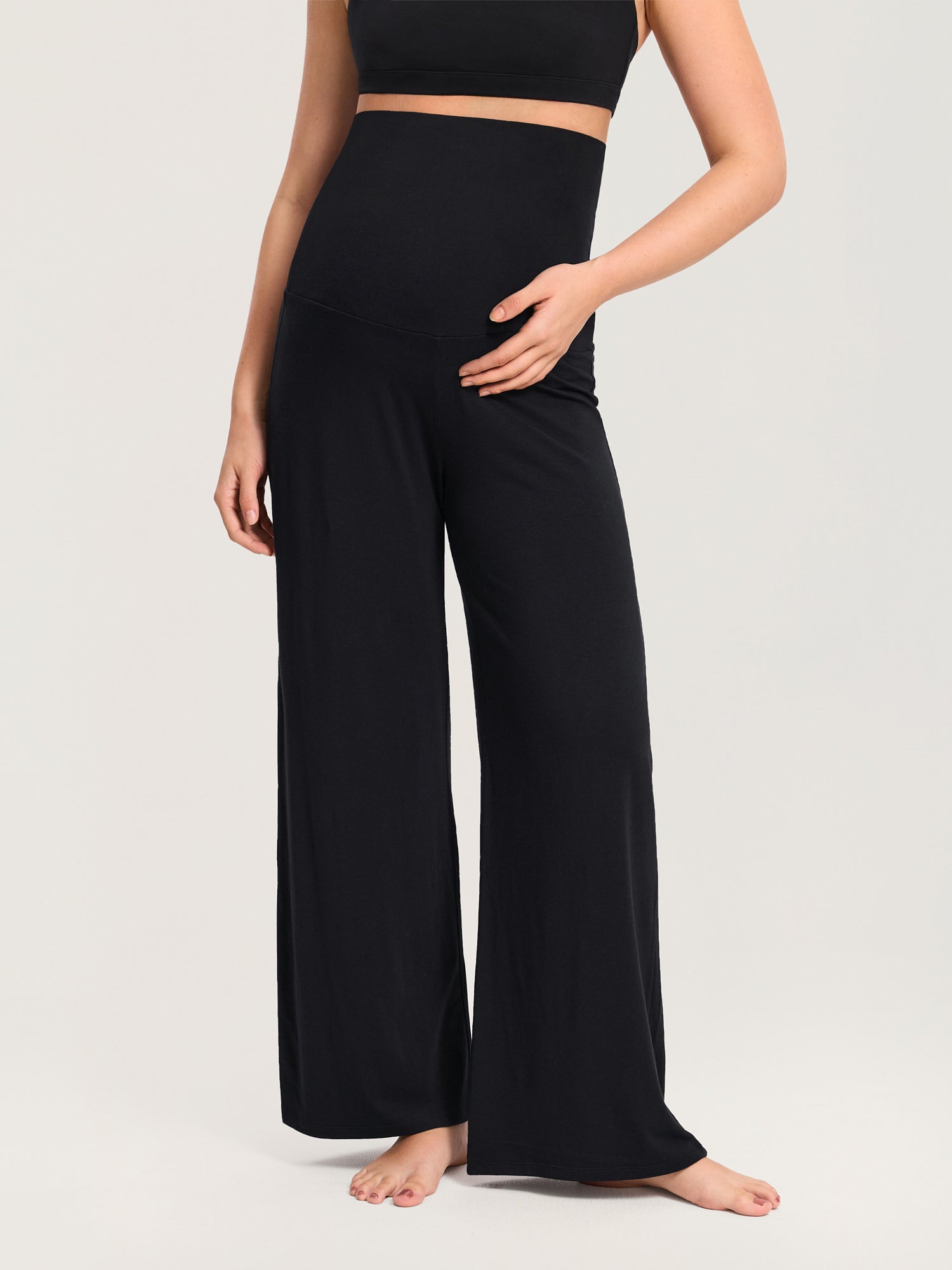 Modal Cotton Foldover Wide-Leg Pants 28.5" Black