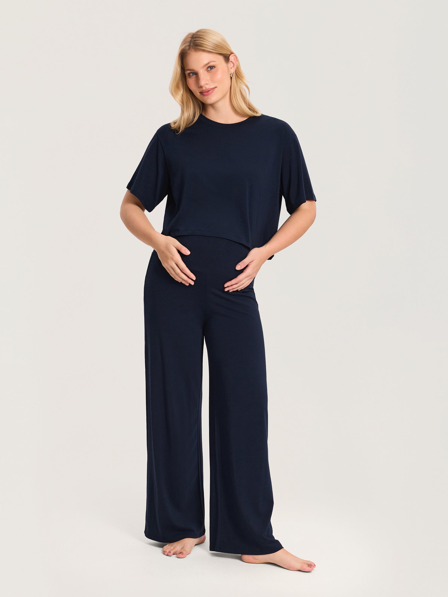 Modal Cotton Foldover Wide-Leg Pants 28.5" Deep Ocean Blue