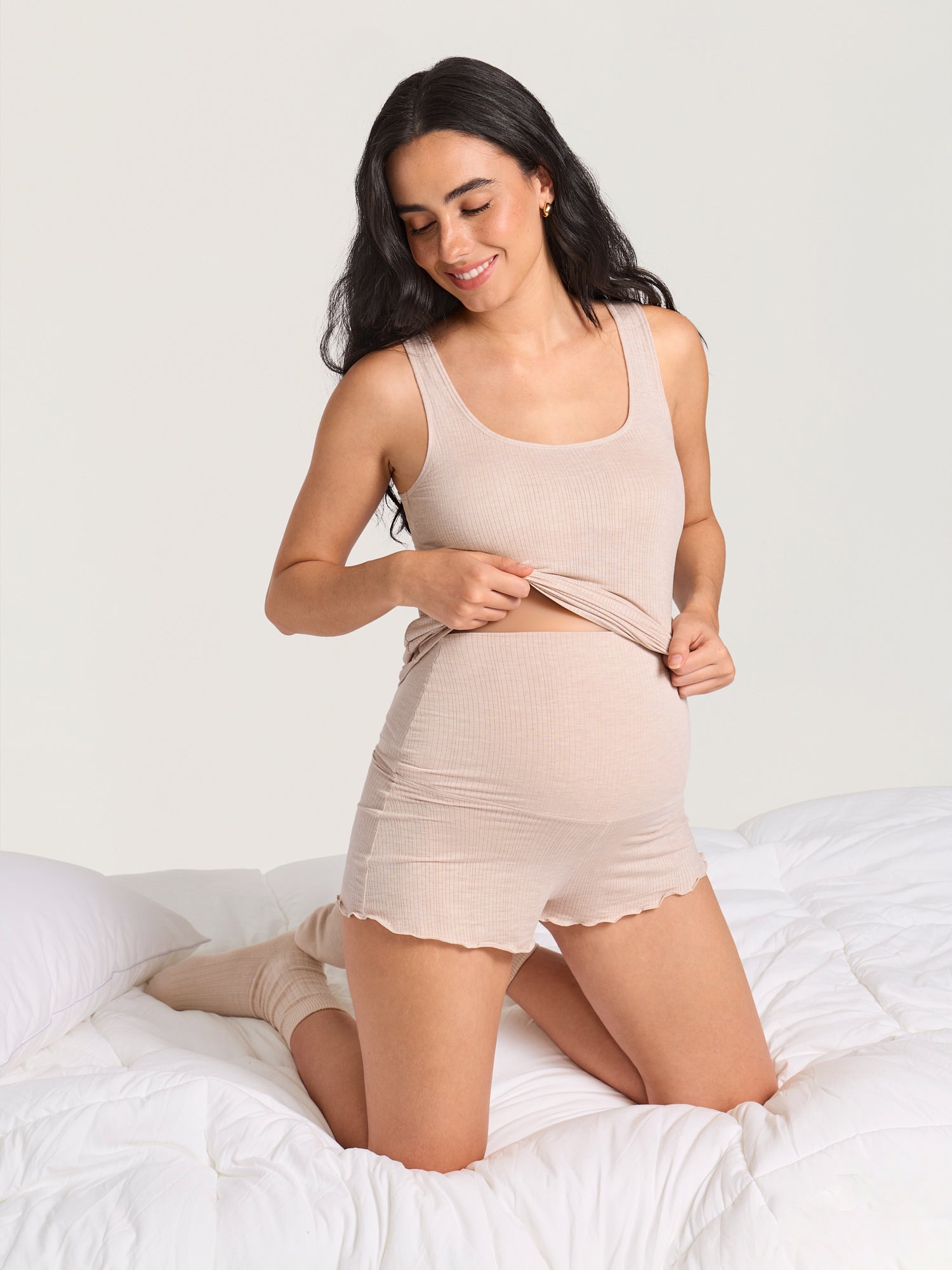 Naturveil Modal Ribbed Foldover Sleep Shorts Light Khaki Heather